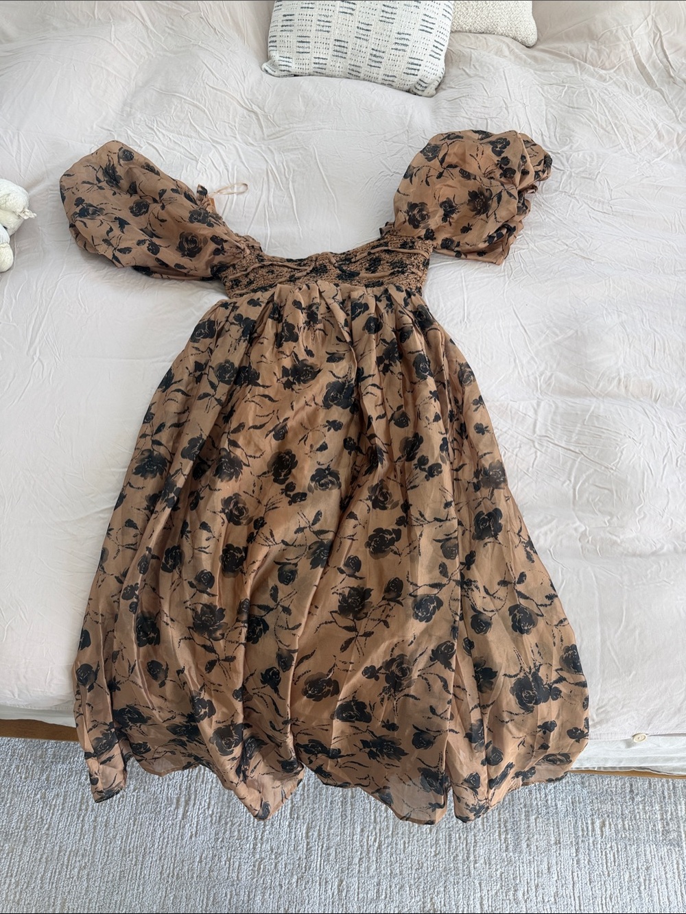 Smocked Puff Sleeve Midi Dress in Brown with Black Floral
